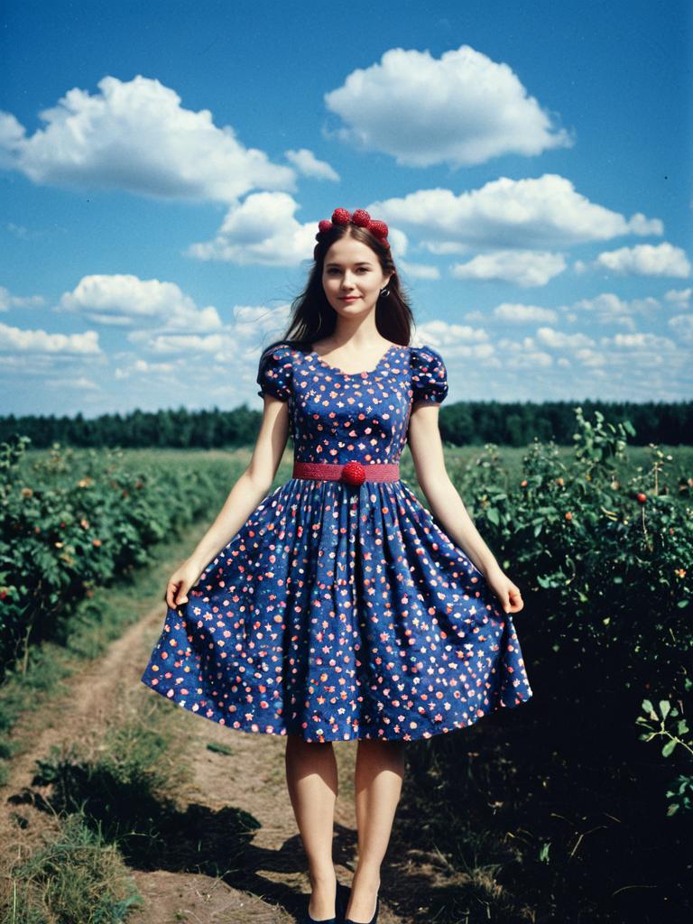 Young Woman in Blue Floral Dress Standing in Raspberry Field on Sunny Day