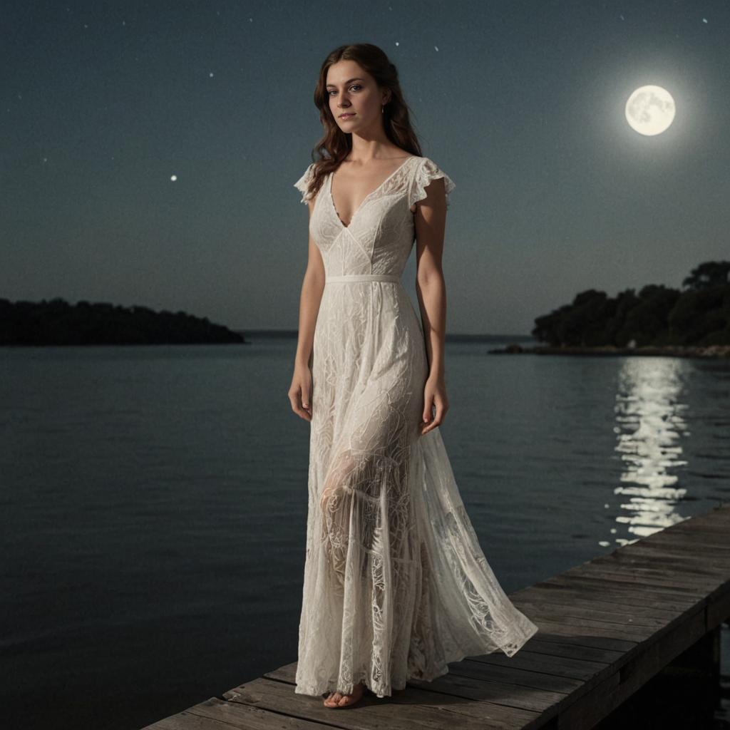 Woman in White Dress on Pier Under Full Moon