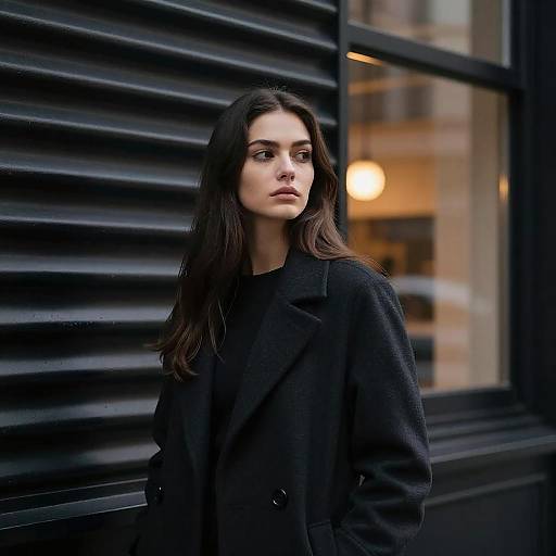 Contemplative Young Woman in Black Coat Urban Fashion Portrait