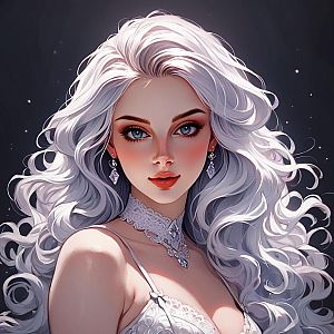 Woman with Silver Hair and Blue Eyes in Lace Dress