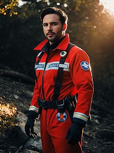 Man in Realistic Rescue Costume Outdoors Wearing Red Rescue Uniform