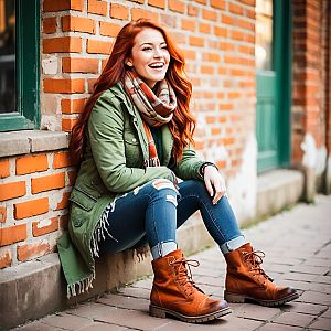 Cheerful young woman in autumn style against orange brick wall