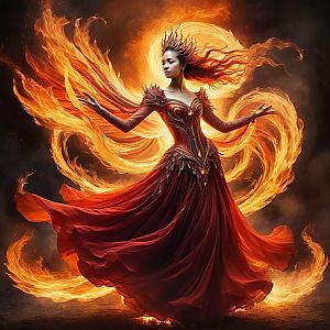 Woman in Red Gown Amid Flames