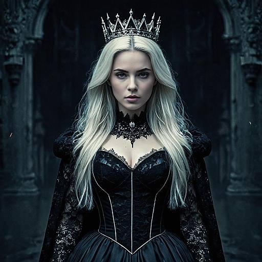 Gothic Queen in Black Lace Dress with Silver Crown Dark Fantasy Portrait