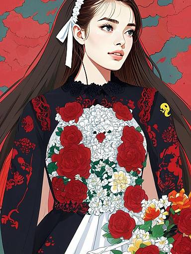 Elegant Anime Style Woman in Floral Black Dress Digital Illustration