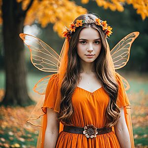 Young Woman in Orange Fairy Costume in Autumn Forest