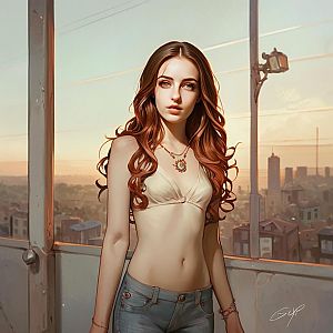 Young Woman with Red Hair in Cityscape