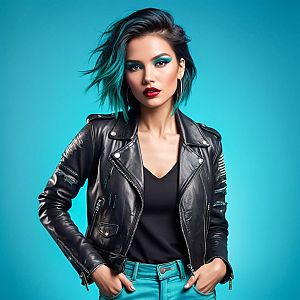 Stylish Young Woman with Teal Hair and Bold Makeup