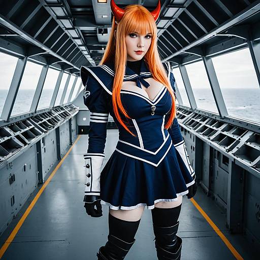 Cosplay Woman in Devil Horns on Aircraft Carrier Corridor