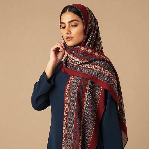 Elegant Woman Wearing Patterned Maroon and Navy Blue Scarf
