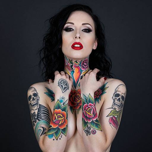 Portrait of Tattooed Woman with Colorful Roses and Skull Tattoos