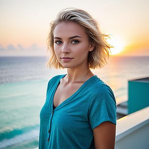 Young Woman on Balcony at Sunset