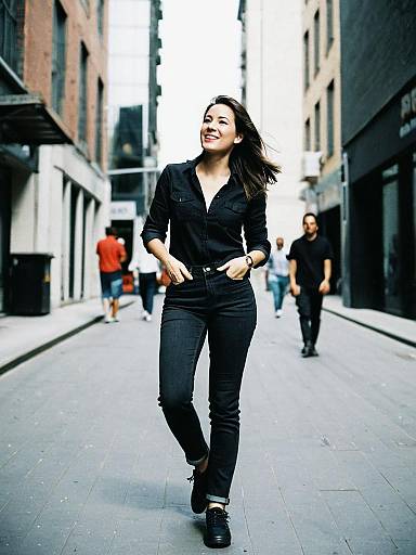 Confident Woman in Black Jeans and Shirt Walking in Urban Street Style