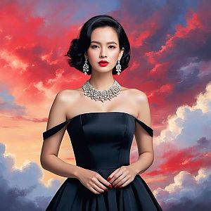 Elegant Woman in Black Dress at Dramatic Sunset
