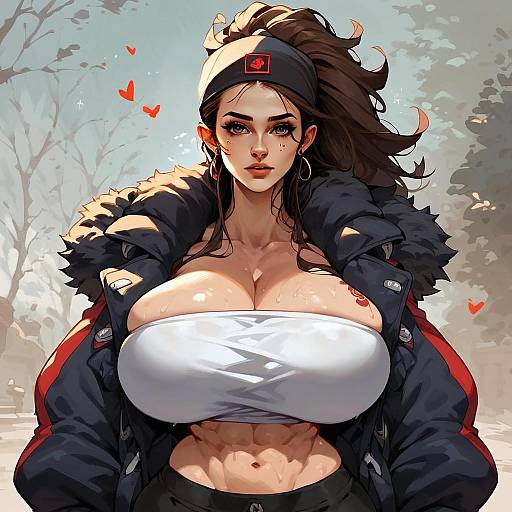 Anime Woman in White Tube Top with Dark Jacket Digital Artwork
