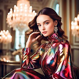 Elegant Woman in Metallic Dress in Opulent Room