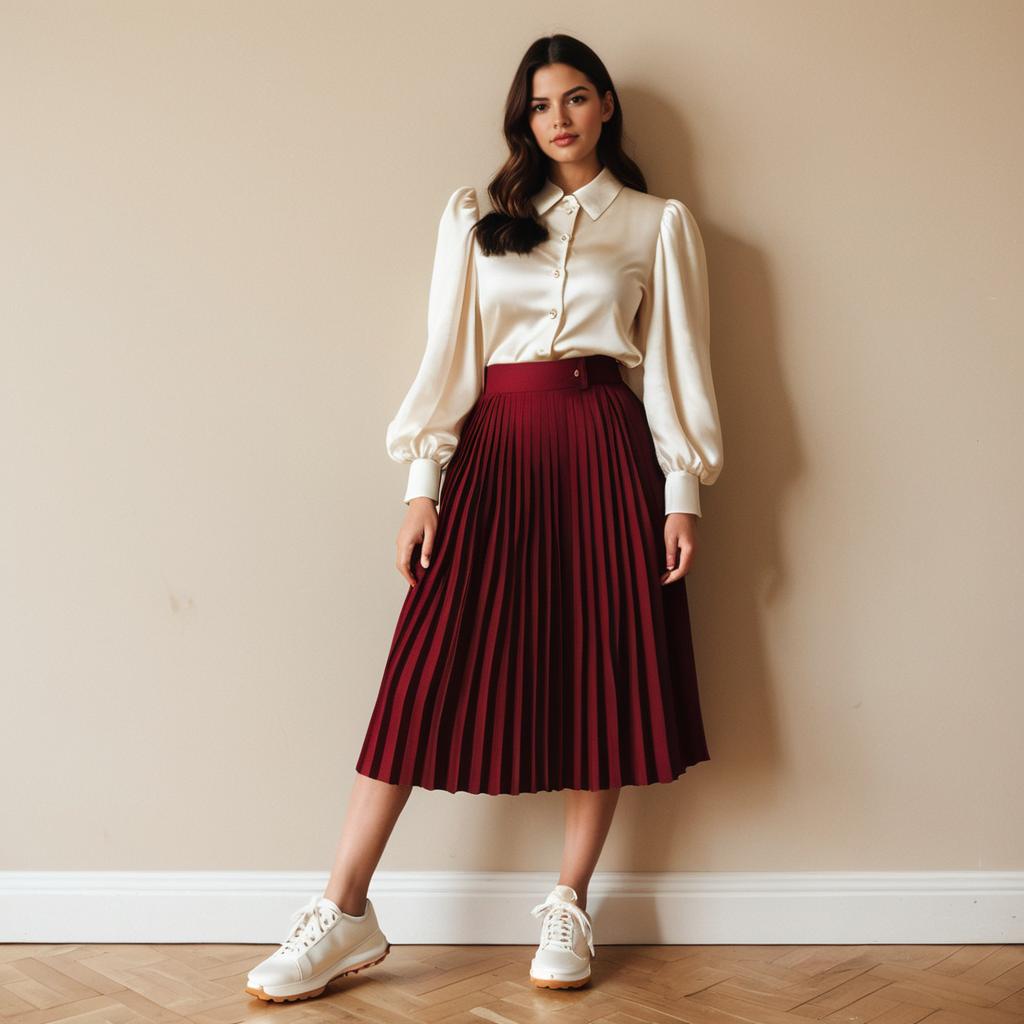 Fashionable Woman in Satin Blouse and Pleated Burgundy Skirt with Sneakers Fashionable Woman in Satin Blouse and Pleated Burgundy Skirt with Sneakers