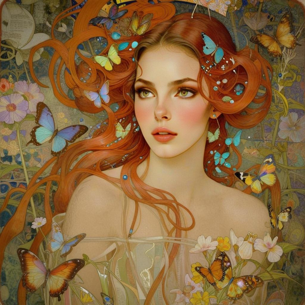 Art Nouveau Style Woman with Red Hair and Butterflies Digital Artwork