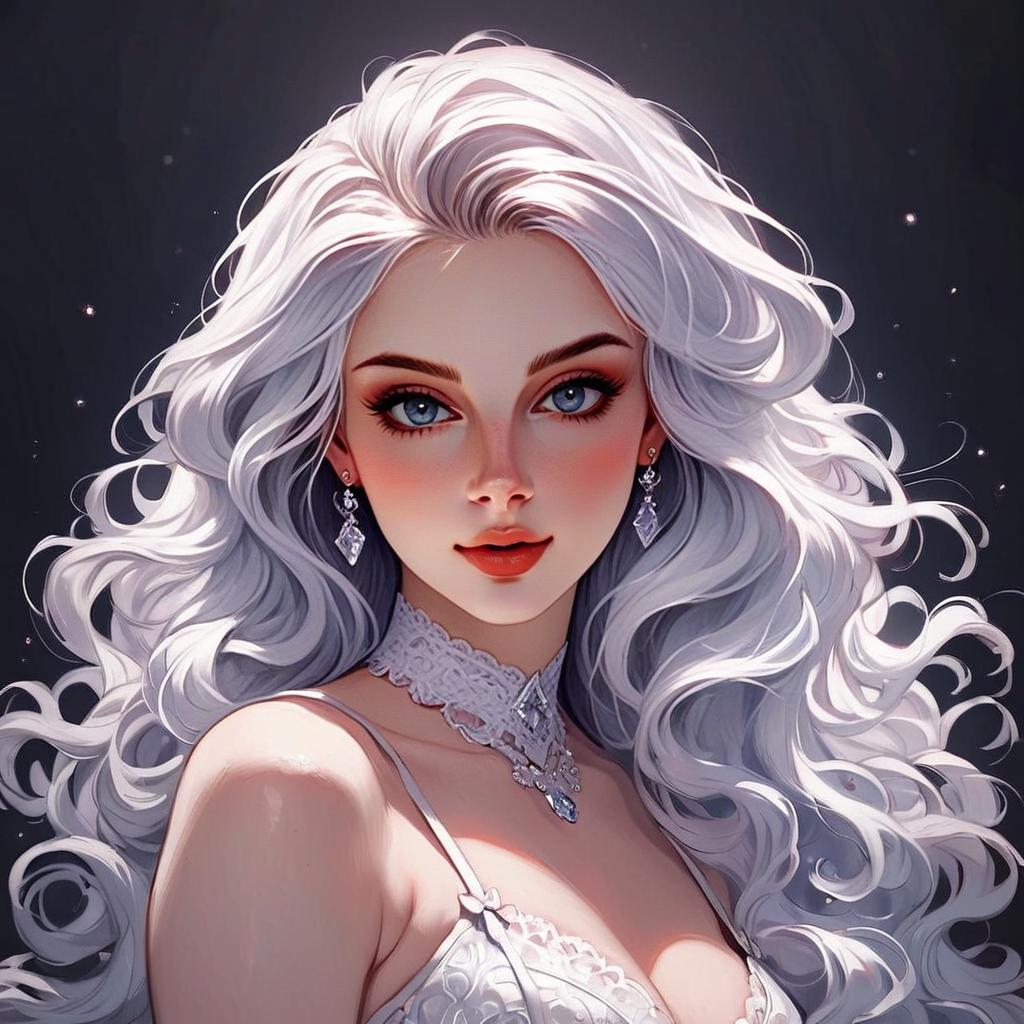 Woman with Silver Hair and Blue Eyes in Lace Dress