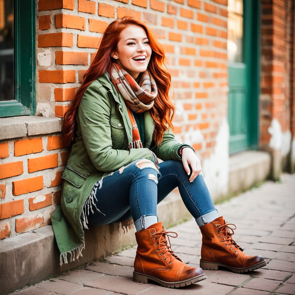 Cheerful young woman in autumn style against orange brick wall Cheerful young woman in autumn style against orange brick wall