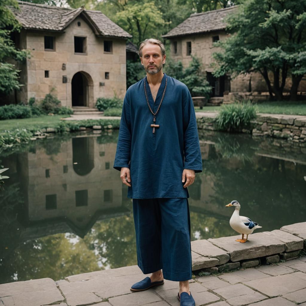 Man in Blue Ensemble by Tranquil Pond with Duck