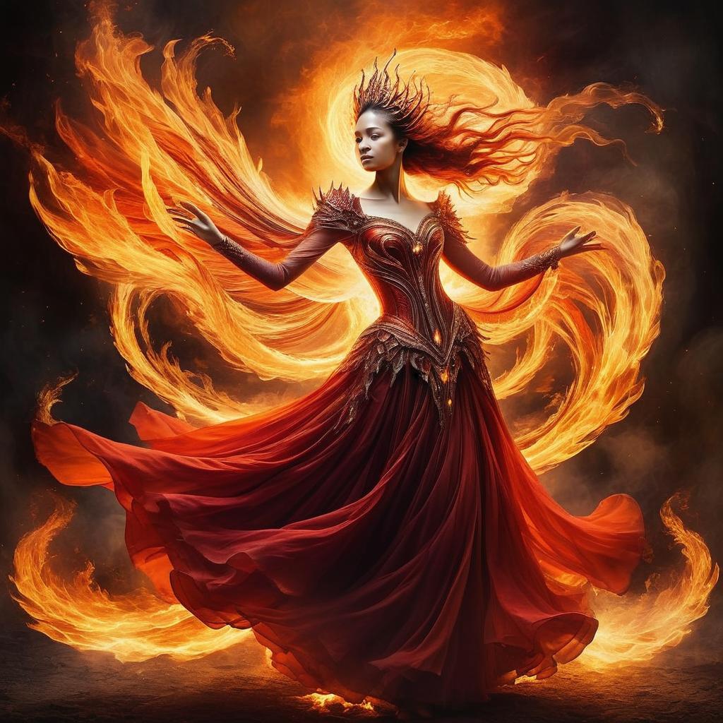 Woman in Red Gown Amid Flames Woman in Red Gown Amid Flames