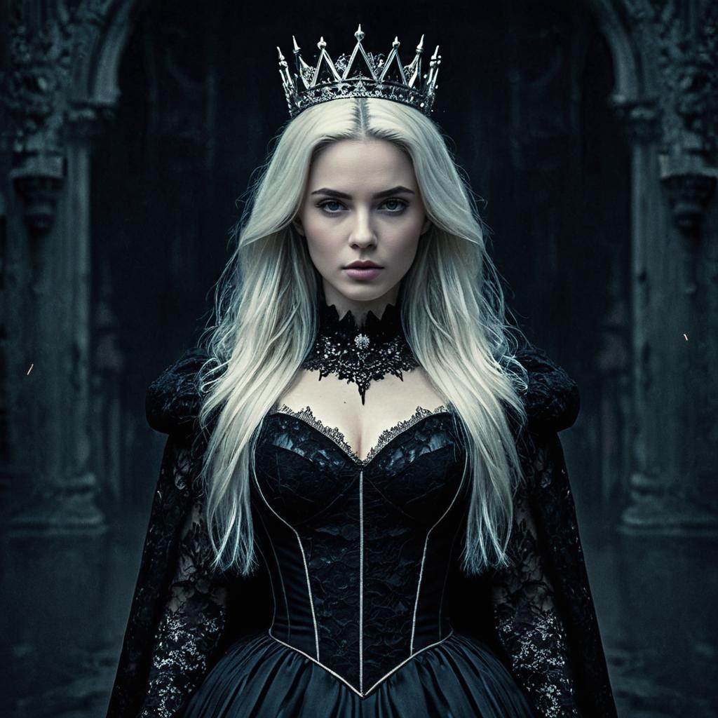 Gothic Queen in Black Lace Dress with Silver Crown Dark Fantasy Portrait