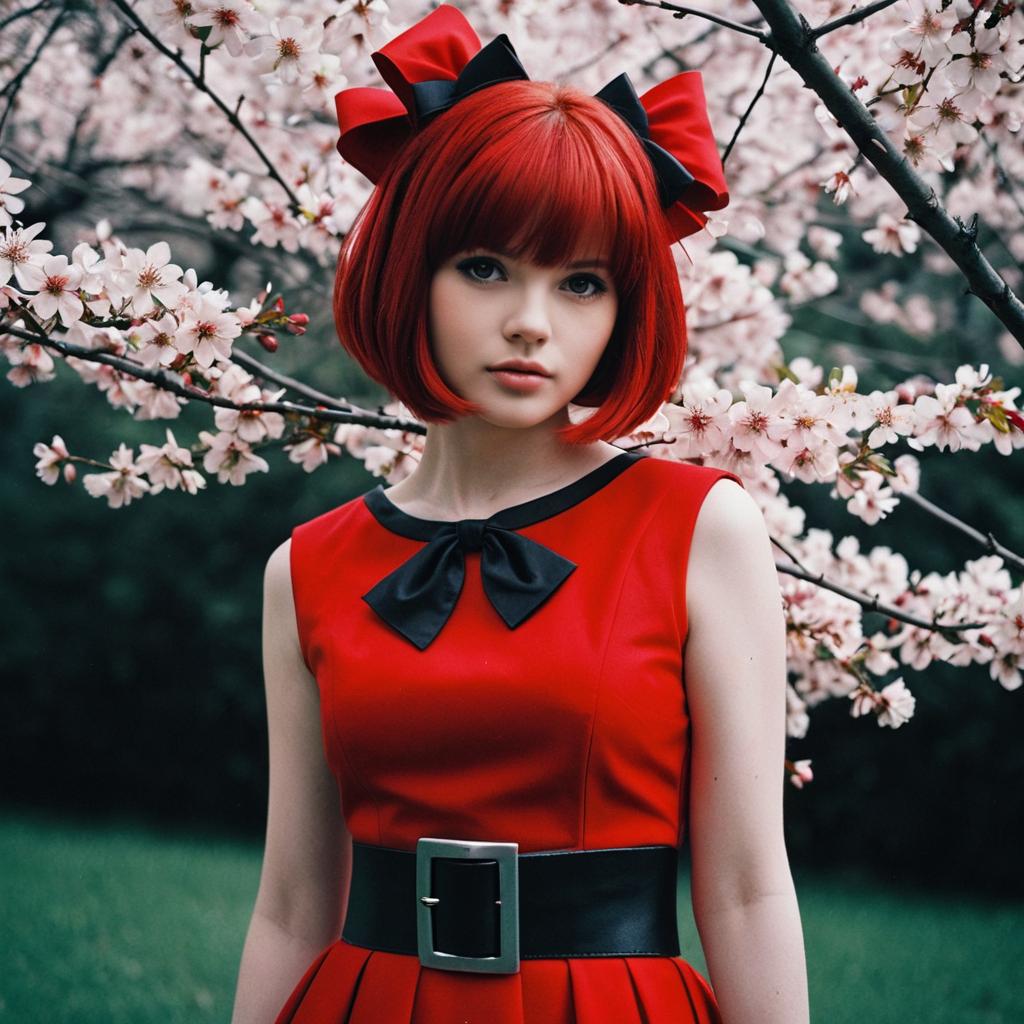 Young Woman in Red Dress with Red Hair Among Cherry Blossoms