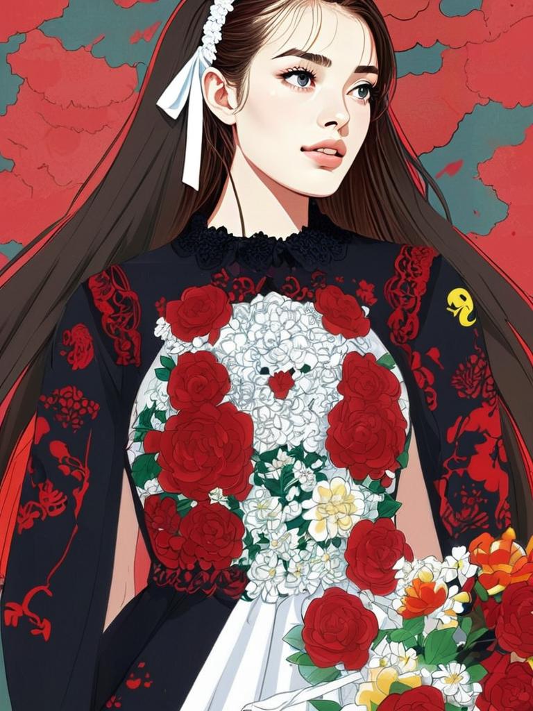 Elegant Anime Style Woman in Floral Black Dress Digital Illustration