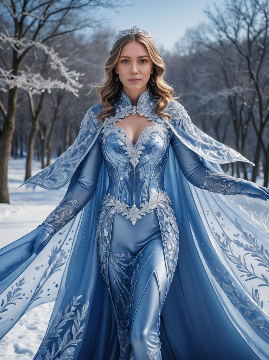 Elegant Woman in Sparkling Blue Gown in Snowy Setting