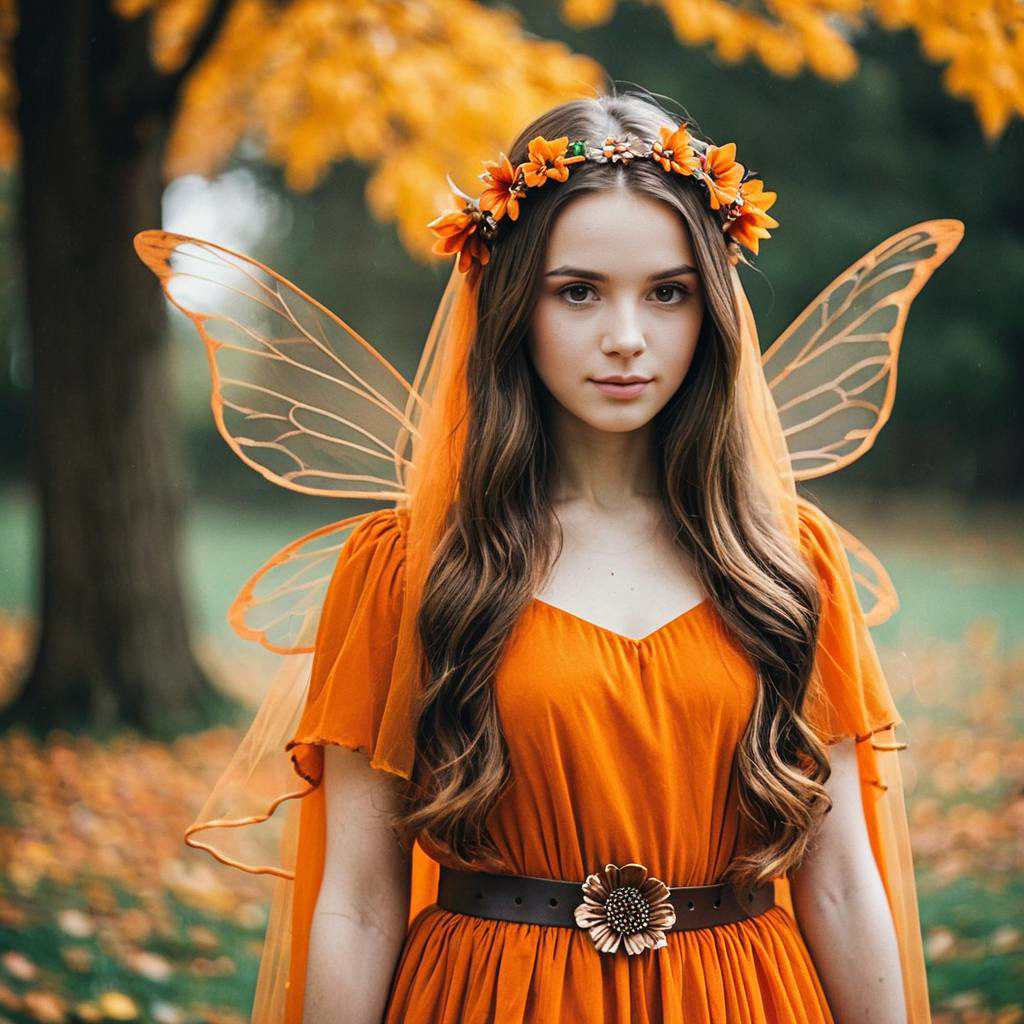 Young Woman in Orange Fairy Costume in Autumn Forest Young Woman in Orange Fairy Costume in Autumn Forest