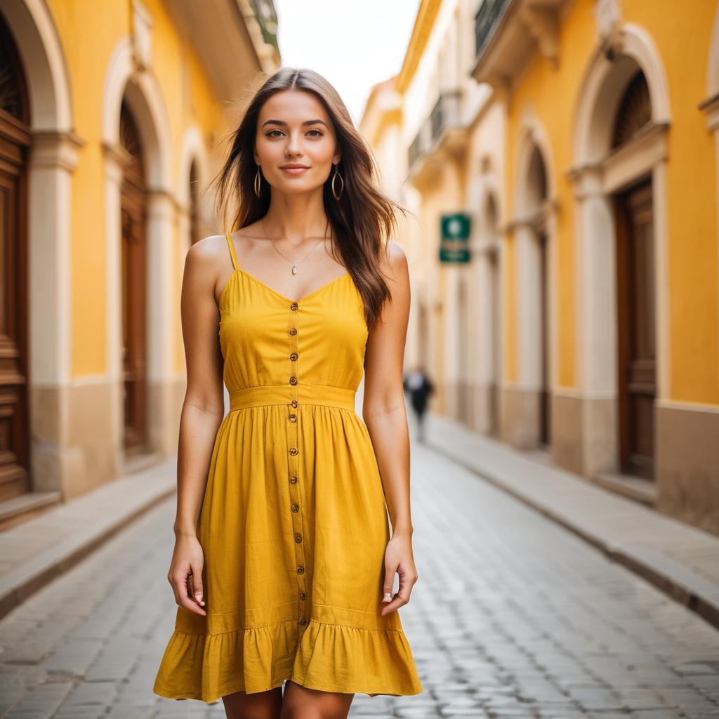 Woman in Mustard Yellow Dress Walking on Charming Cobblestone Street