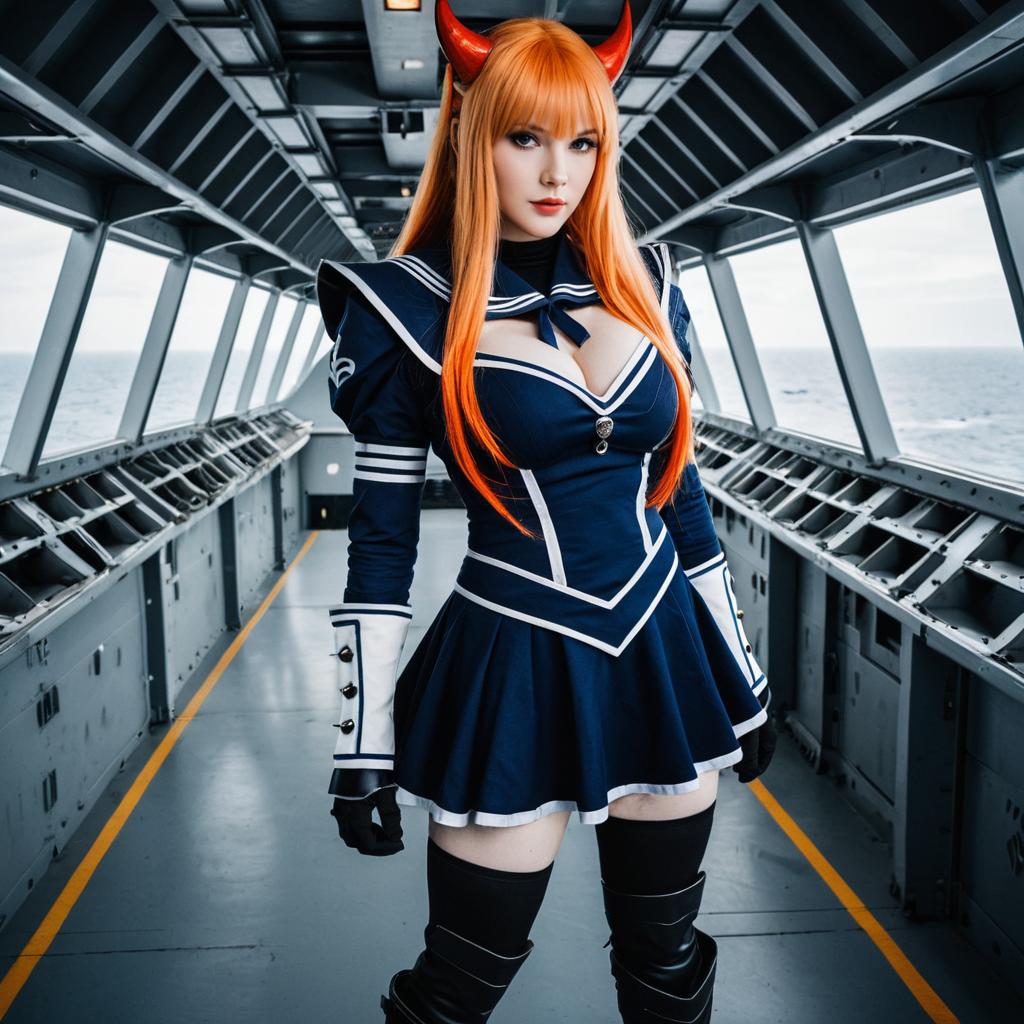 Cosplay Woman in Devil Horns on Aircraft Carrier Corridor