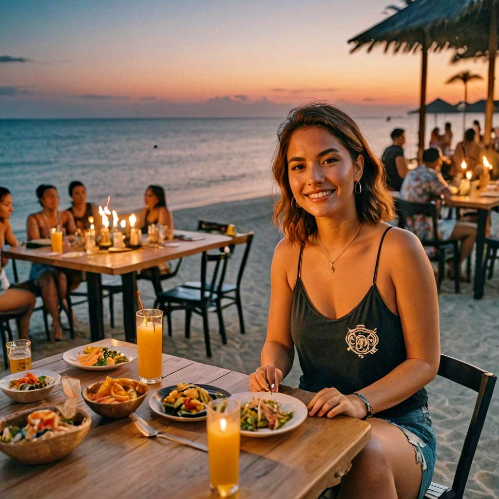 Cheerful woman dining on beach at sunset