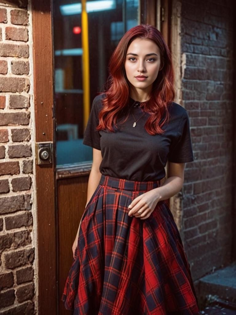 Woman with Red Hair by Rustic Door in Vintage Style