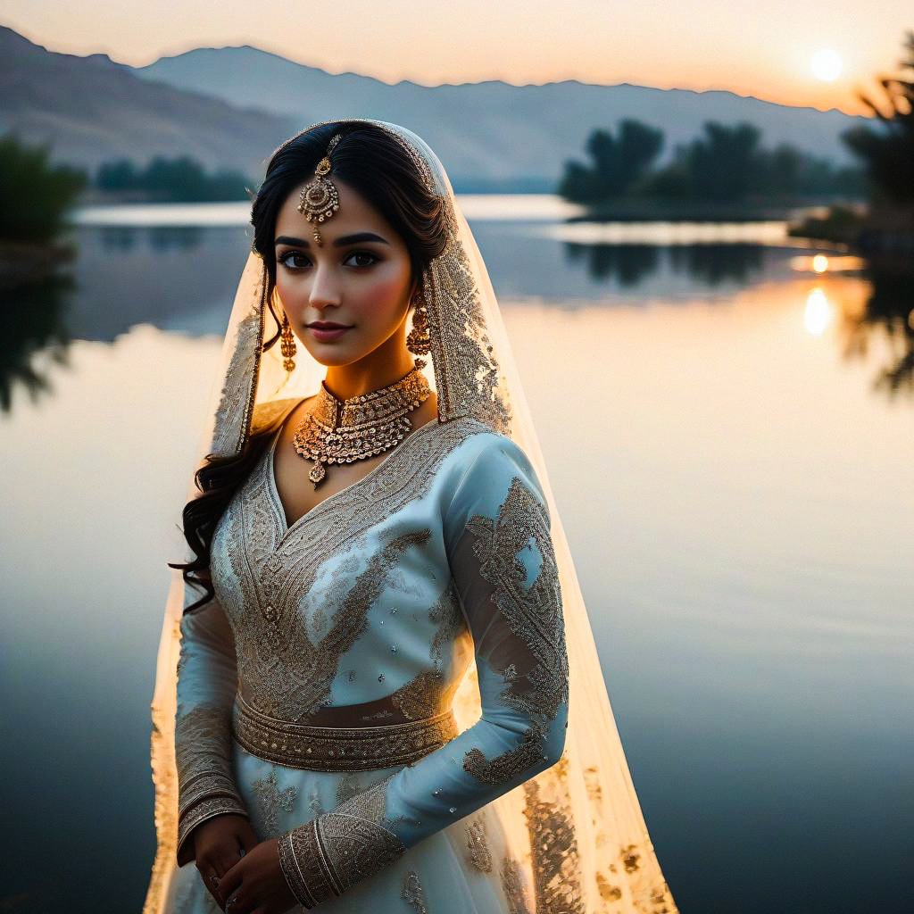 Elegant Woman by Serene Lake at Sunset