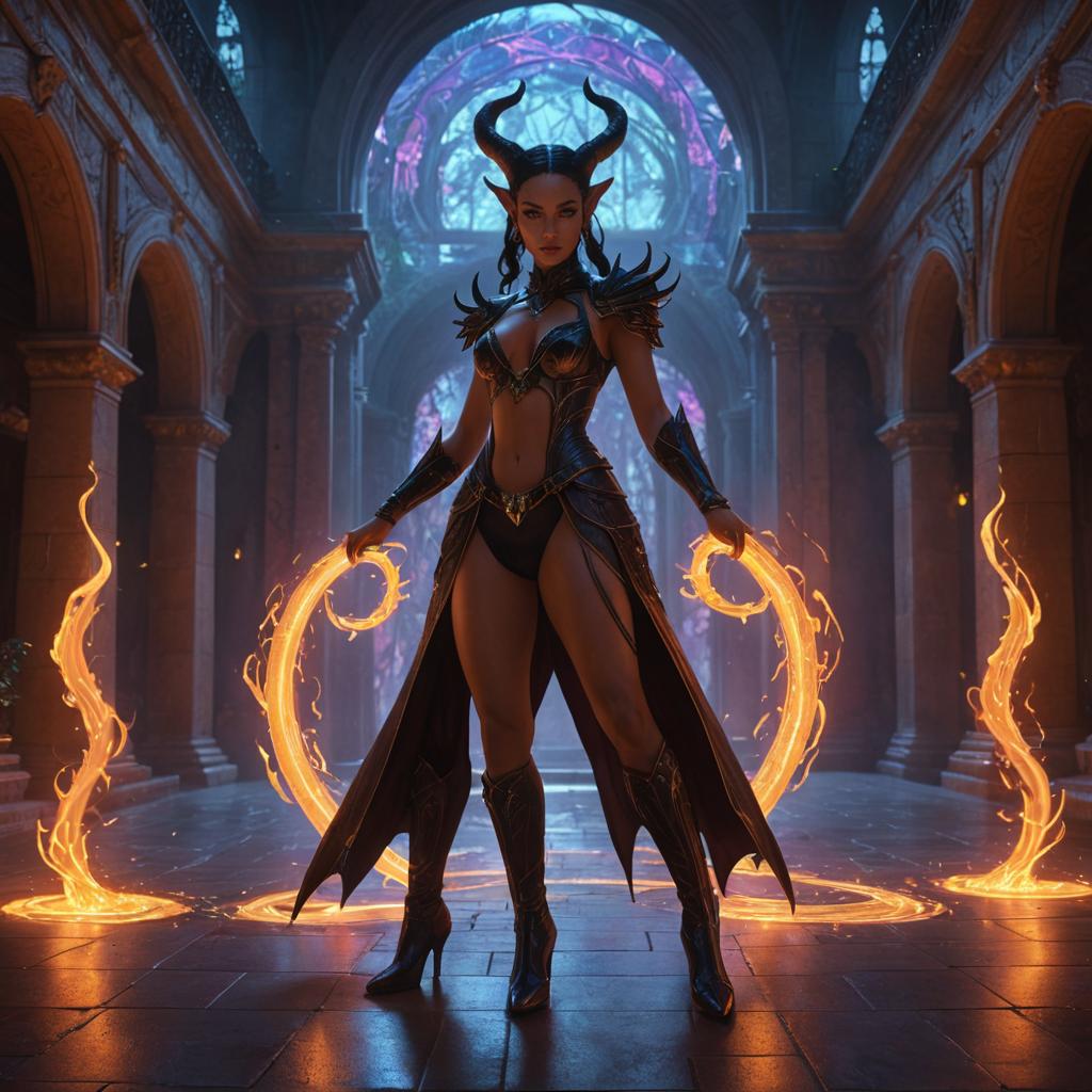 Female Tiefling Stepping Through a Magical Portal in a Gothic Cathedral