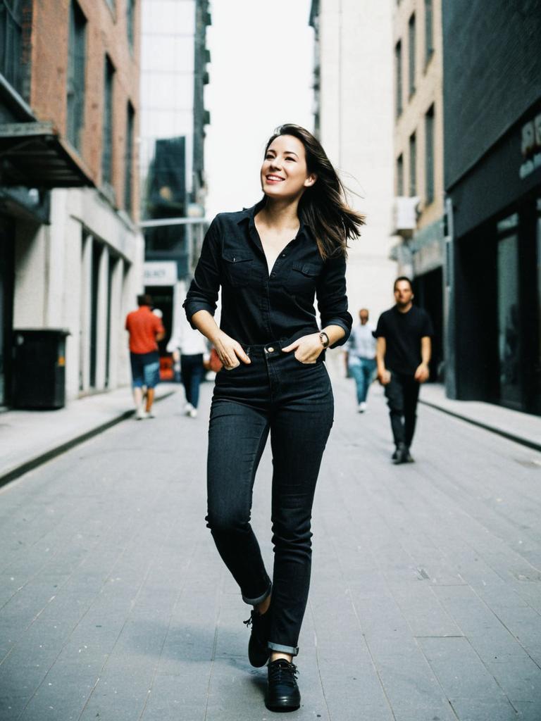 Confident Woman in Black Jeans and Shirt Walking in Urban Street Style