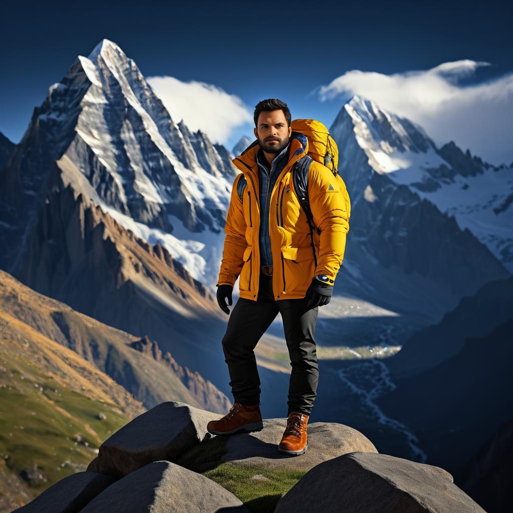 Rugged Man in Yellow Jacket on Rocky Outcrop