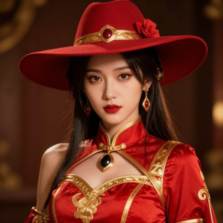 Elegant Woman in Red and Gold Traditional Outfit with Stylish Hat