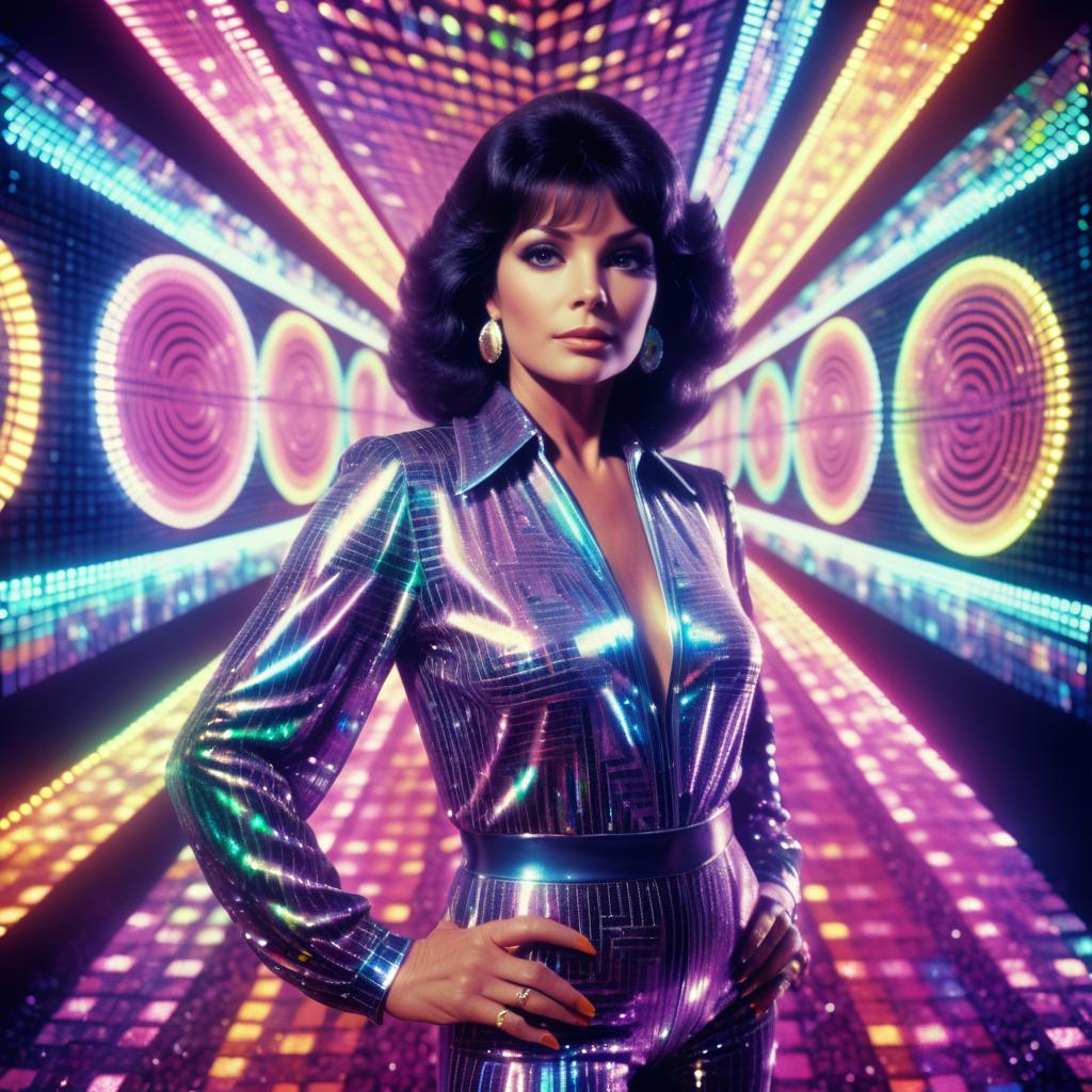 Glamorous Woman in Futuristic Jumpsuit with Disco Lights