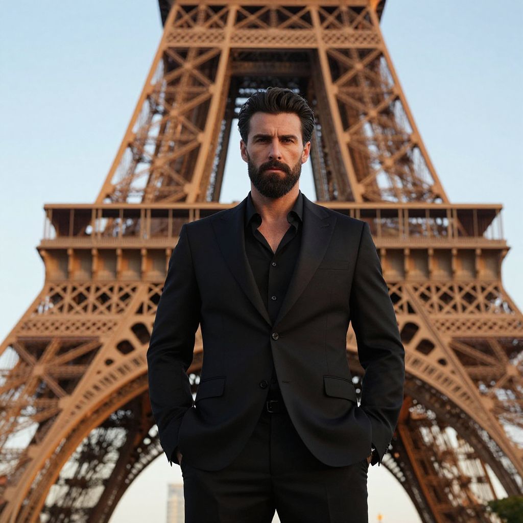 Man in Black Suit Standing in Front of Eiffel Tower in Paris