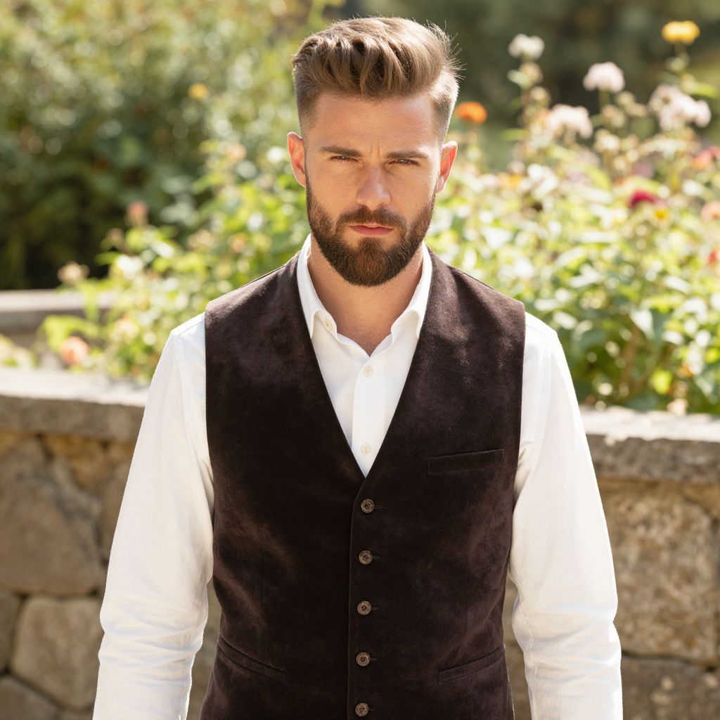 Young Bearded Man Wearing White Shirt and Brown Vest in Outdoor Garden