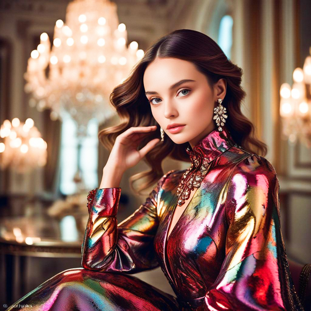 Elegant Woman in Metallic Dress in Opulent Room Elegant Woman in Metallic Dress in Opulent Room