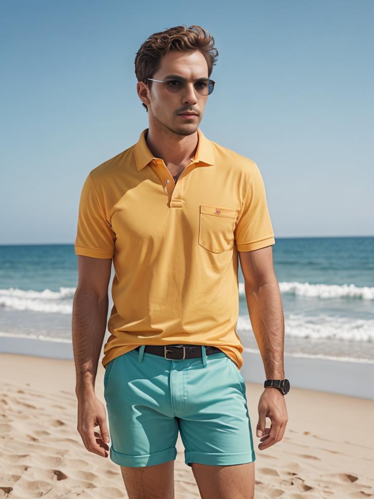 Casual guy in yellow polo relaxing on beach