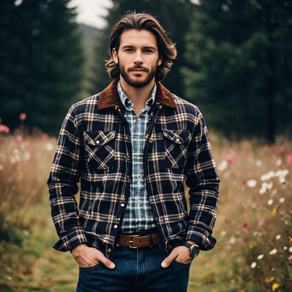 Man in Stylish Flannel Jacket and Plaid Shirt Outdoors