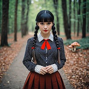 Woman in Vintage Polka Dot Blouse on Autumn Path