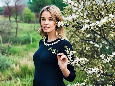 Young Woman in Blooming Landscape