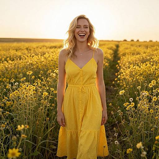 Joyful Woman in Yellow Dress in Blooming Wildflower Field at Sunset