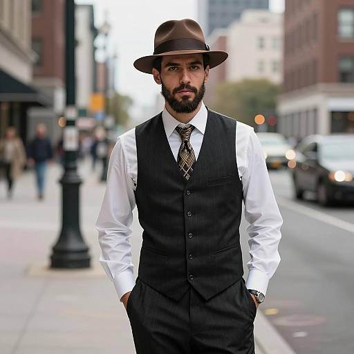 Stylish Man in Vintage Pinstripe Vest and Fedora on City Street